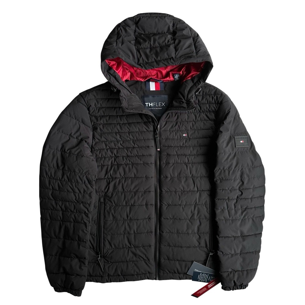 Tommy Hilfiger Men's Black TH Flex Quilted Puffer Hooded Jacket Size Small S